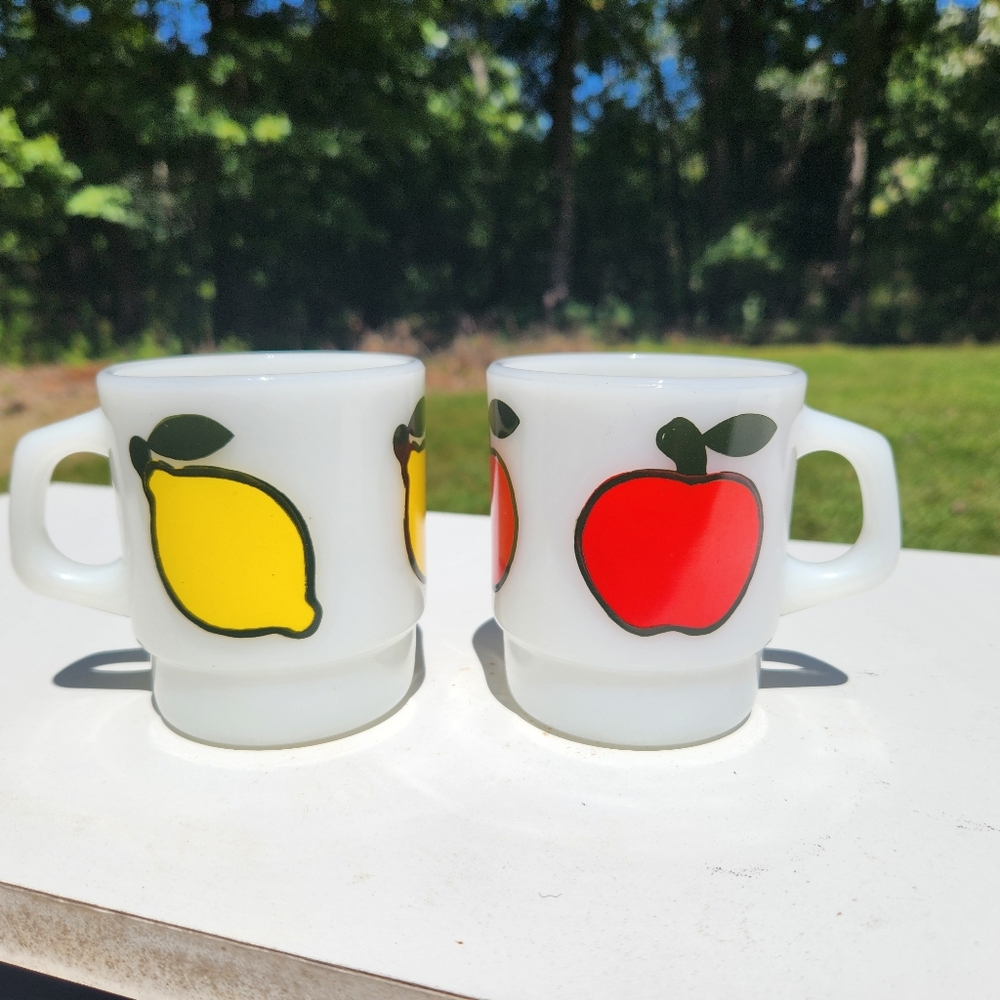 Fire King milkglass lemon & apple mugs